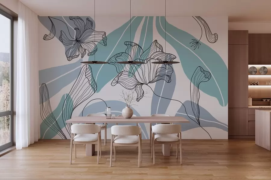 fototapet frunze și flori abstracte în tonuri de albastru w04499v2