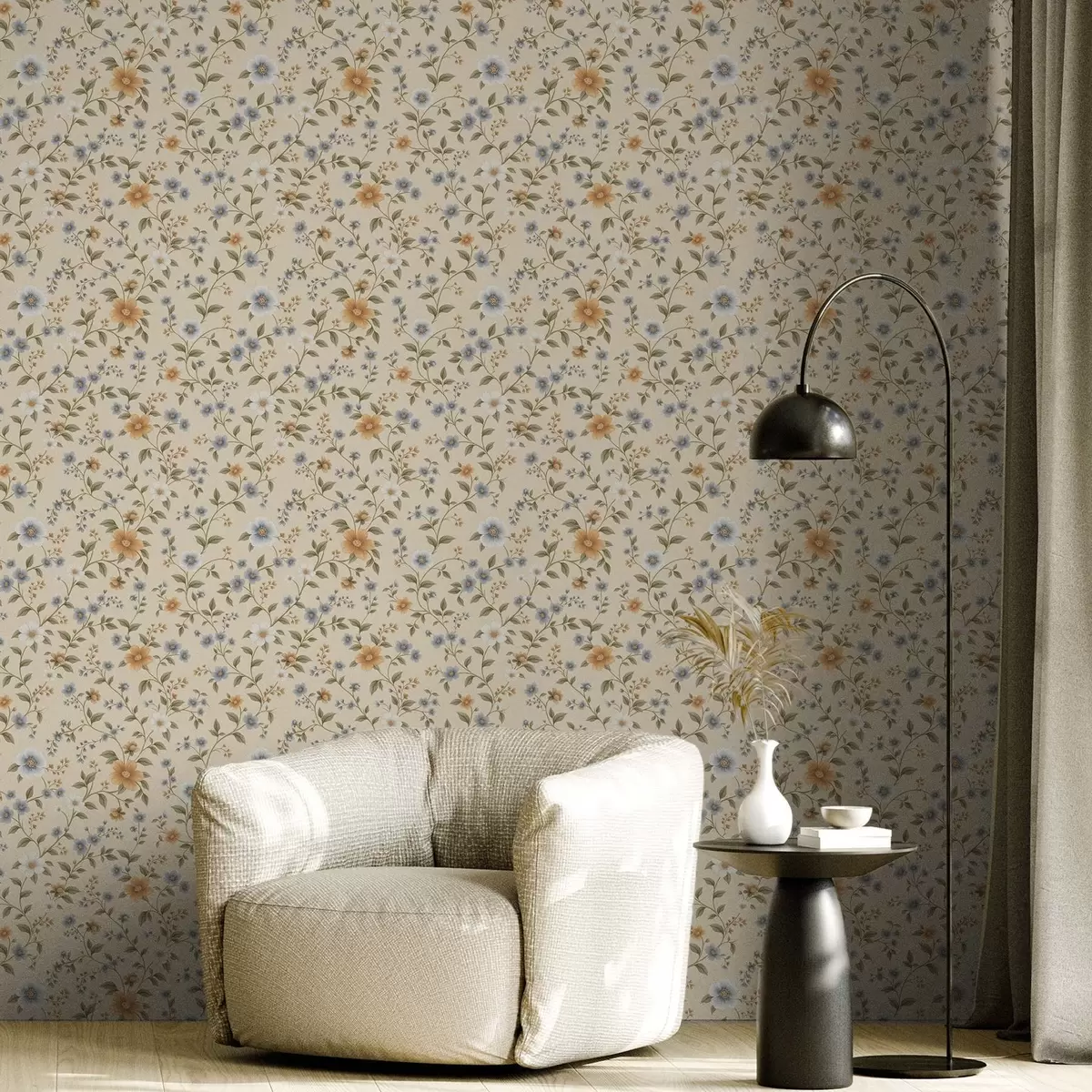 Wallpaper Ramuri florale cu flori albastre și piersici a00575