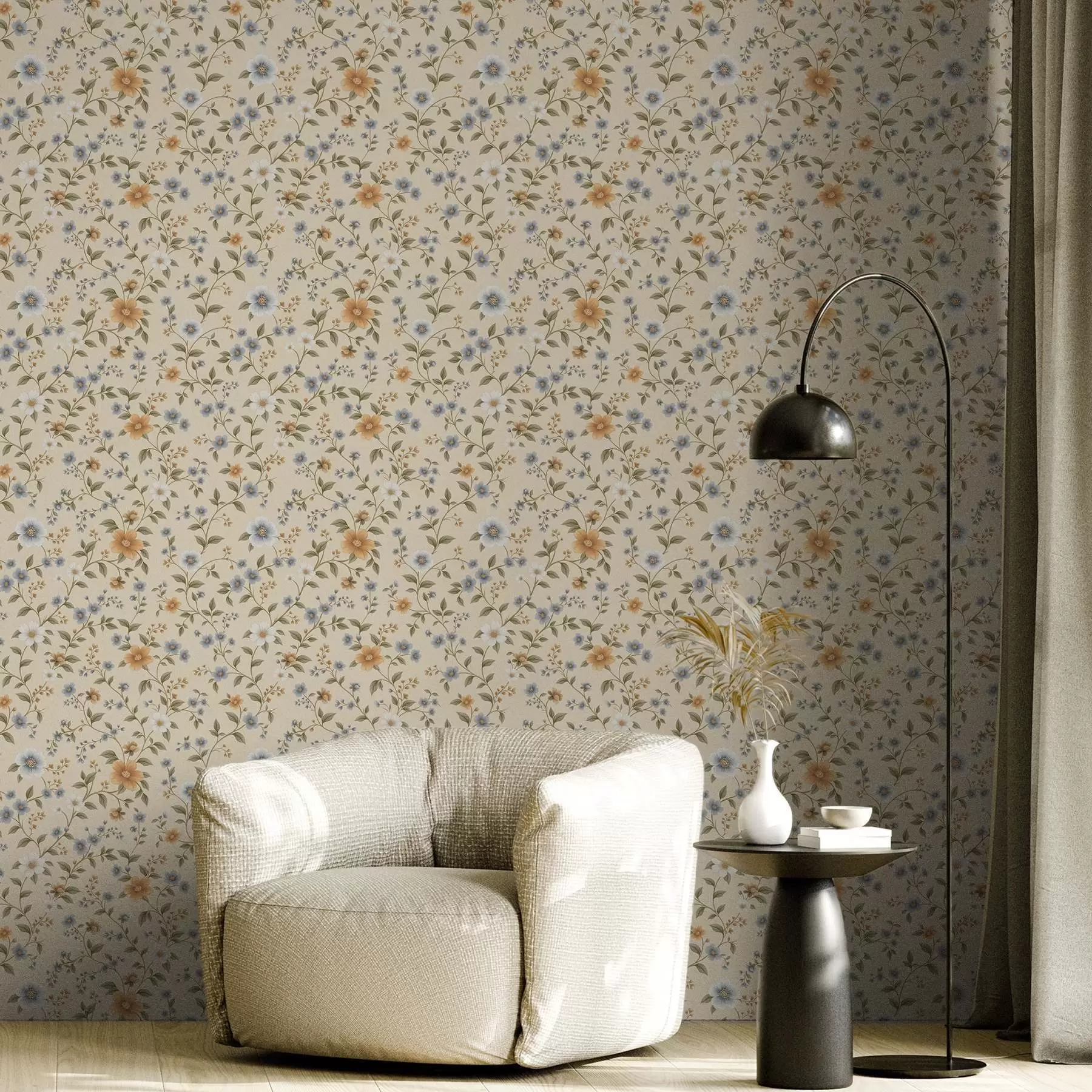 fototapet Ramuri florale cu flori albastre și piersici a00575