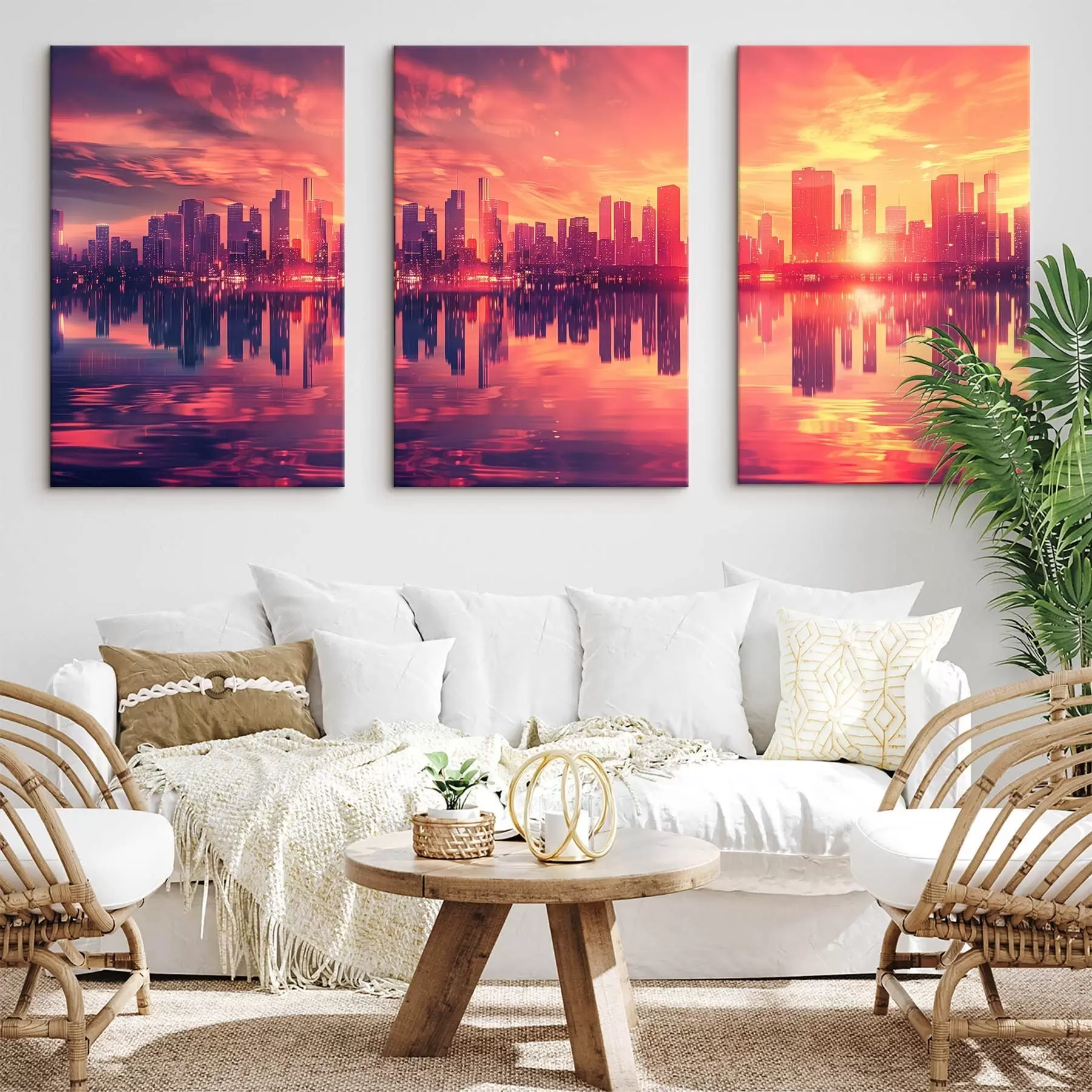 Tablouri Apus romantic cu un oraș modern în fundal m00784