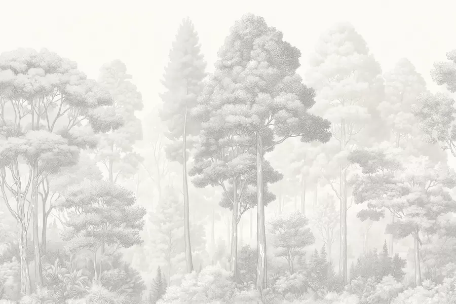 fototapet Peisaj forestier artistic realizat prin tehnica hașurării grafice alb-negru w09411