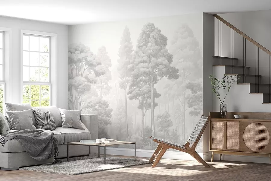 fototapet Peisaj forestier artistic realizat prin tehnica hașurării grafice alb-negru w09411