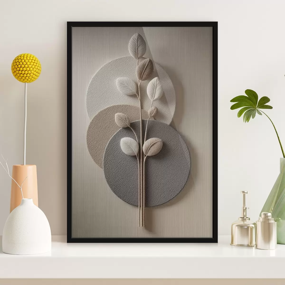 Poster Cercuri în relief și o ramură în tonuri neutre calde f45883