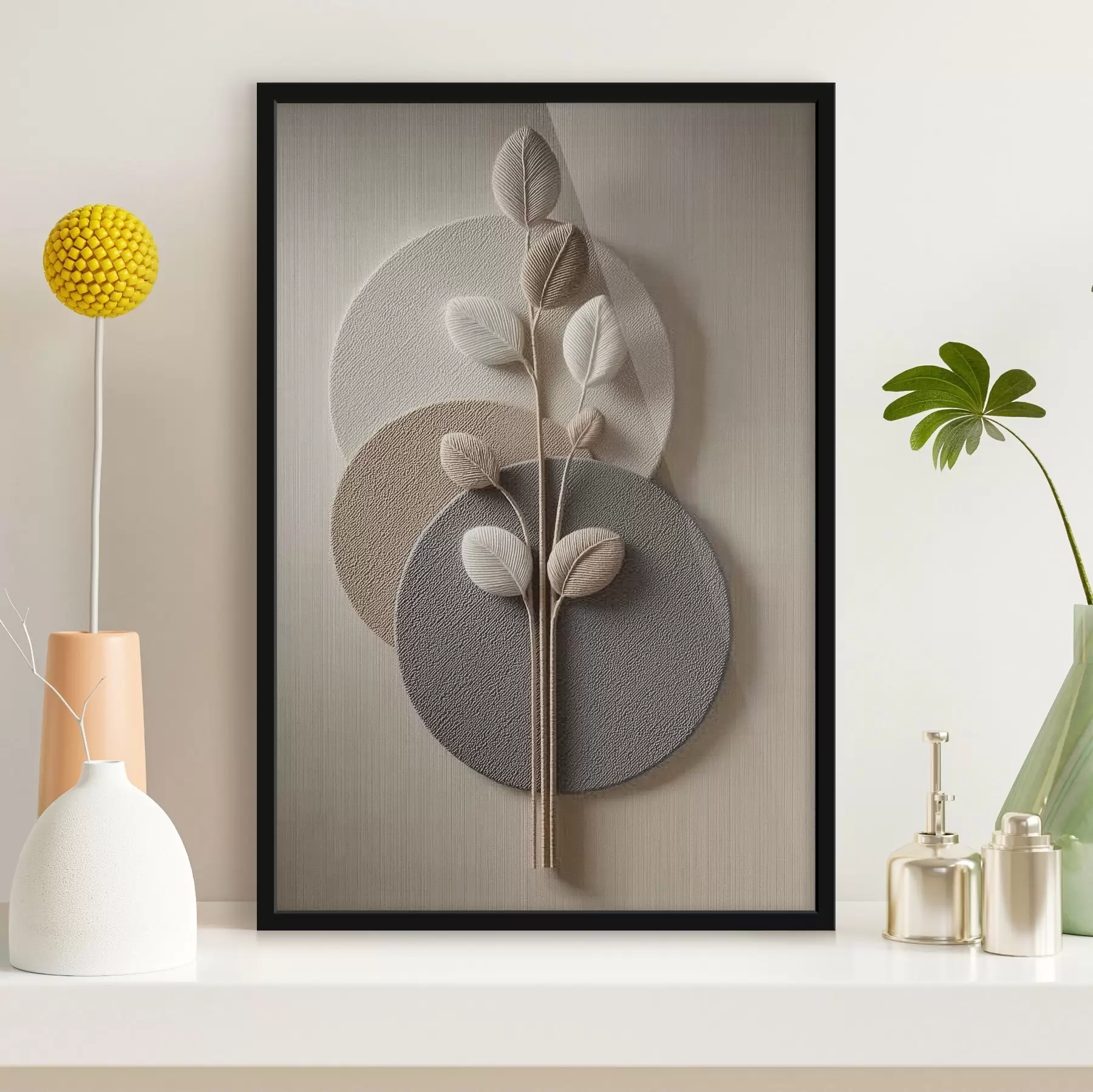 fototapet Cercuri în relief și o ramură în tonuri neutre calde f45883