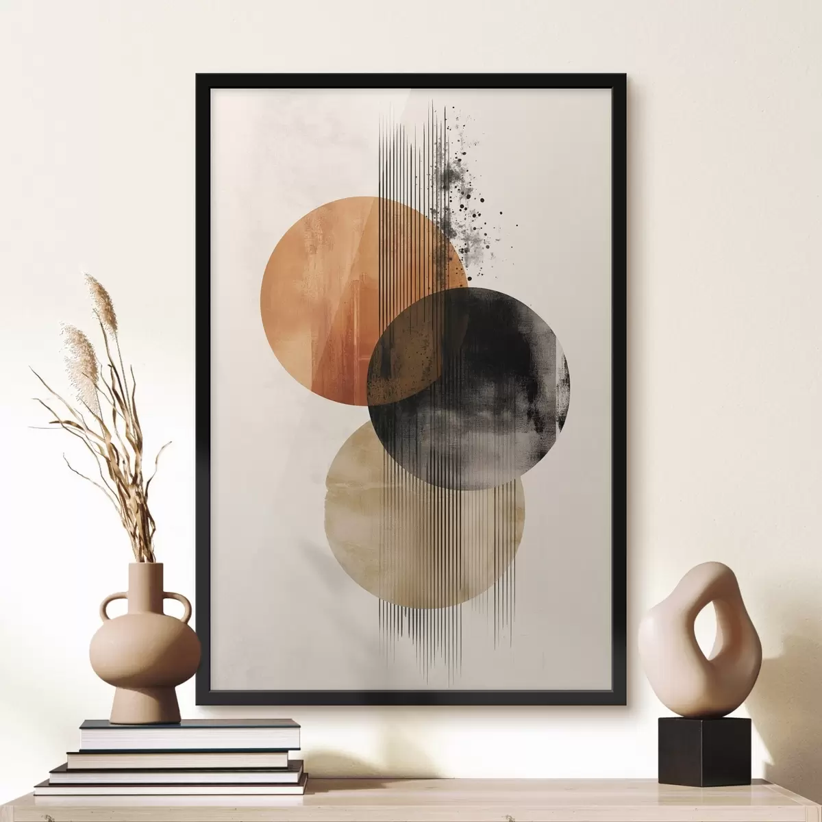 Poster Trei cercuri texturate cu linii într-o paletă de culori teracotă-negru f45885