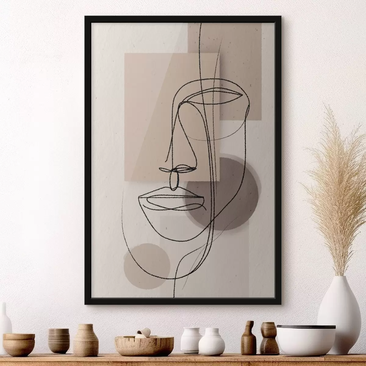 Poster Portret în linie peste forme geometrice bej f45886