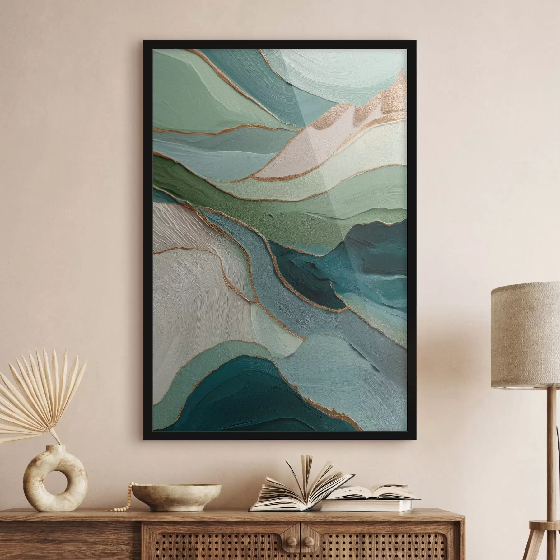 fototapet Abstracție verde stratificată cu linii galbene și profunzime f45902