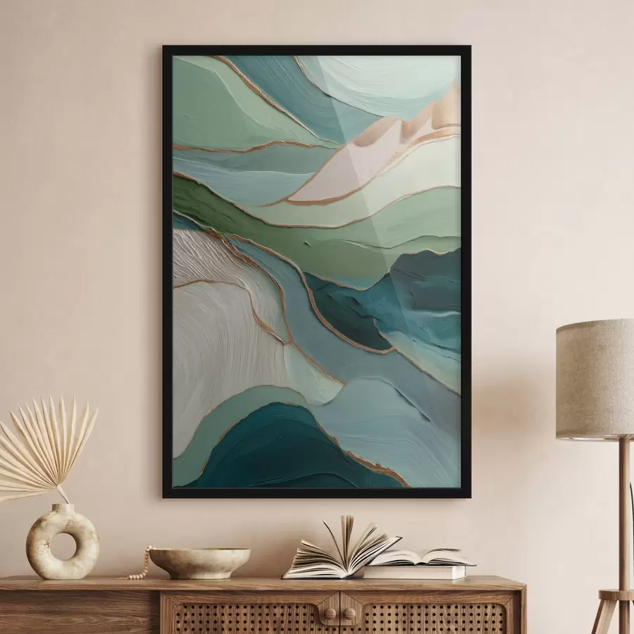 fototapet Abstracție verde stratificată cu linii galbene și profunzime f45902