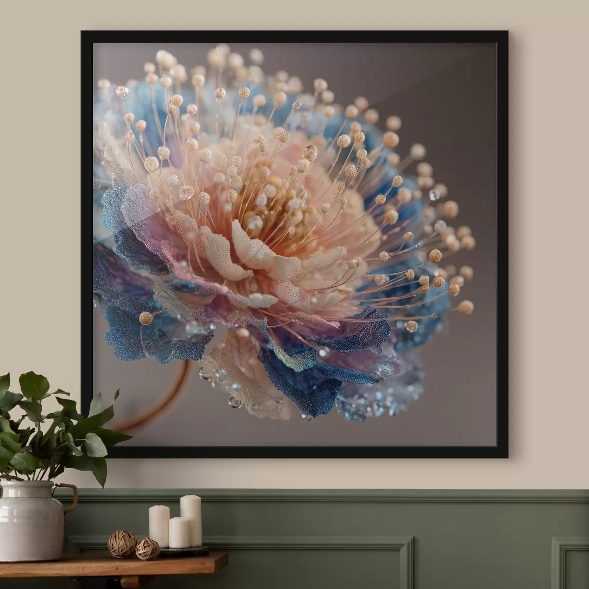 Poster Floare perlată cu picături de rouă, petale de culoare piersic și albastru f45911