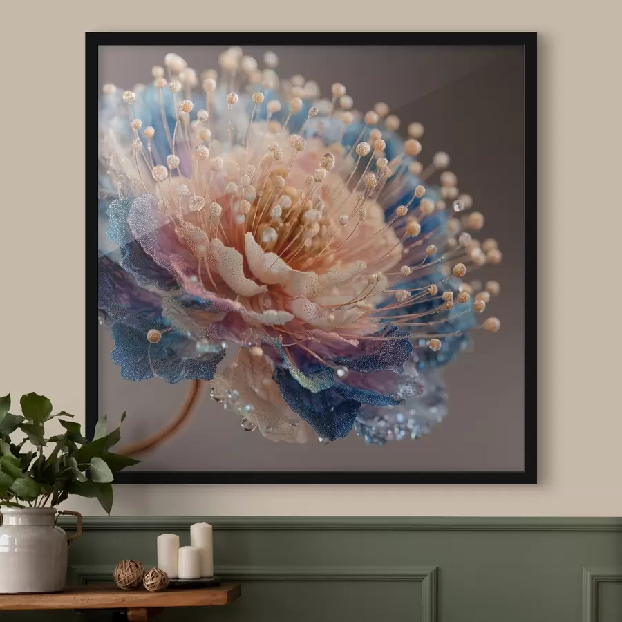 fototapet Floare perlată cu picături de rouă, petale de culoare piersic și albastru f45911