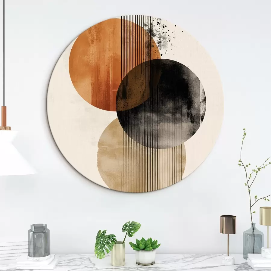 Tablouri Trei cercuri texturate cu linii într-o paletă de culori teracotă-negru r45885