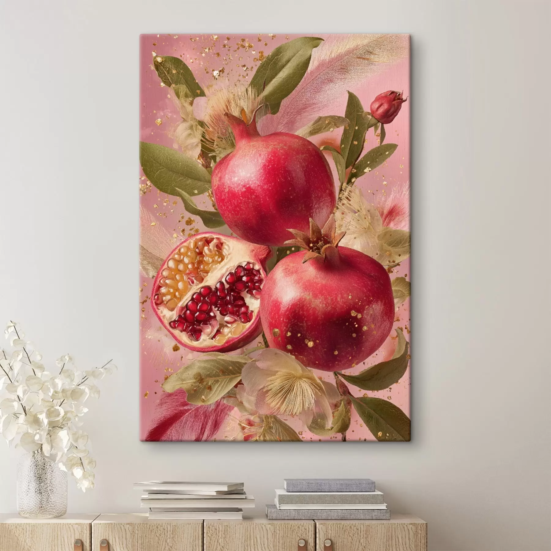 Tablouri Rodii coapte pe fond roz cu frunze și pete s45868