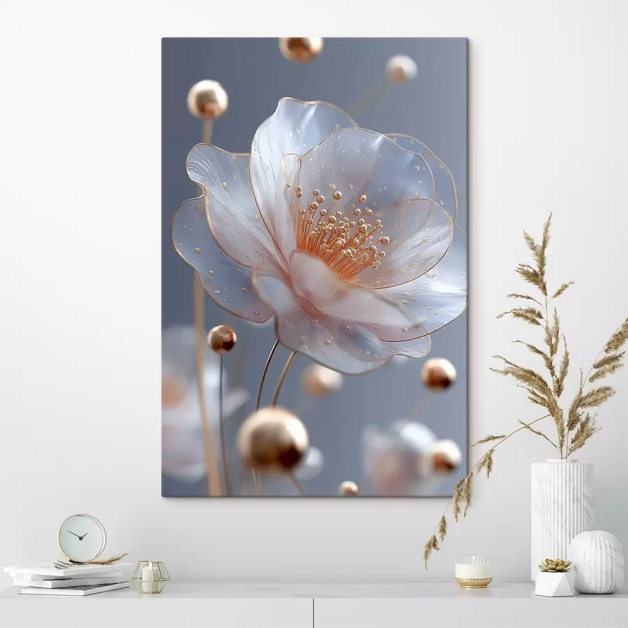 Tablouri Floare translucidă cu stamine de cupru pe fond albastru s45880