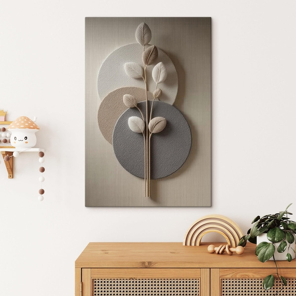 Picturi Cercuri în relief și o ramură în tonuri neutre calde, Tablouri minimalism, s45883 : Uwalls.ro