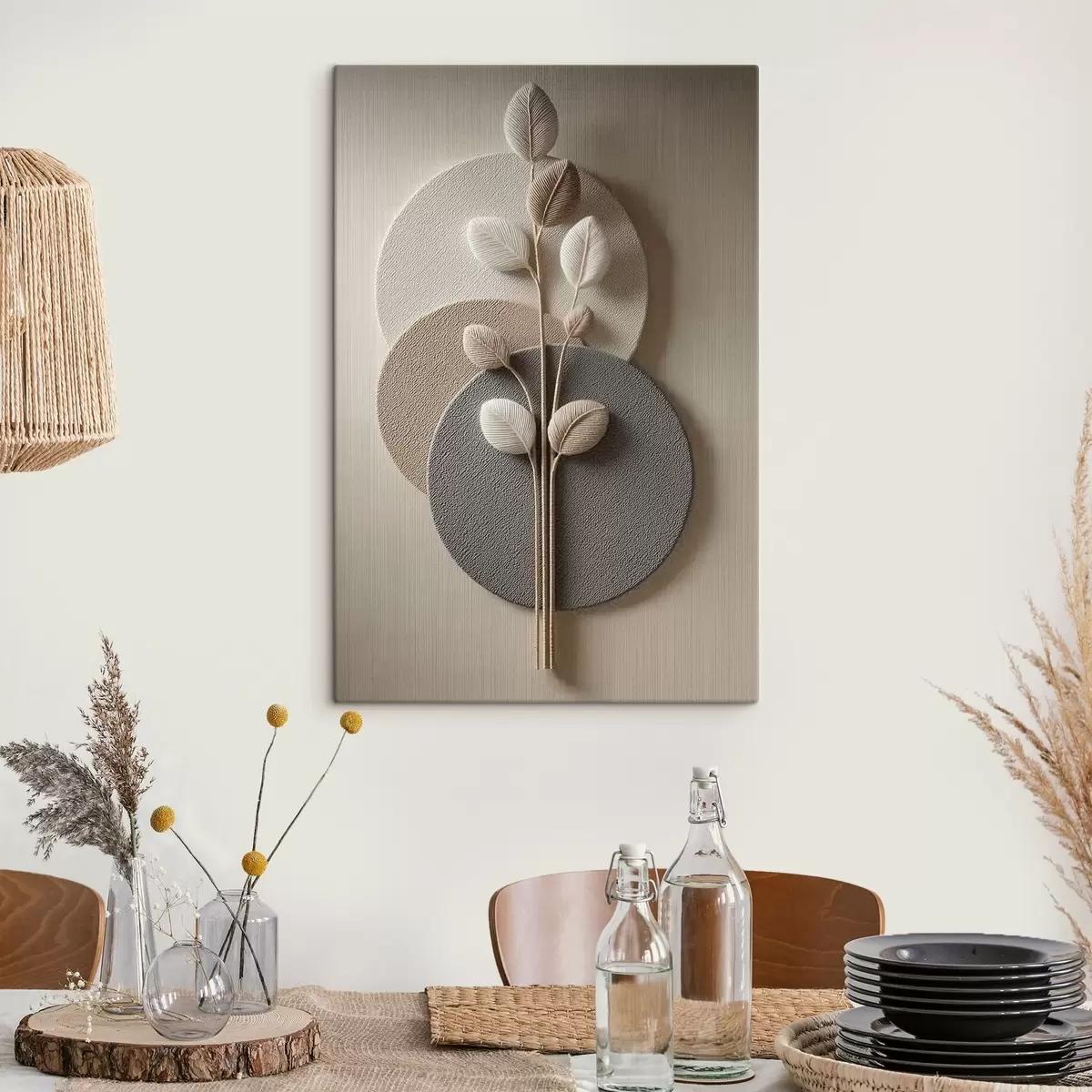 Tablouri Cercuri în relief și o ramură în tonuri neutre calde s45883