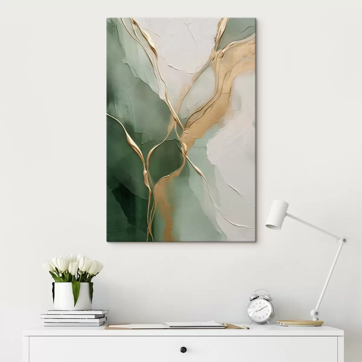 Tablouri Abstracție smarald-crem cu șiroaie galbene s45887