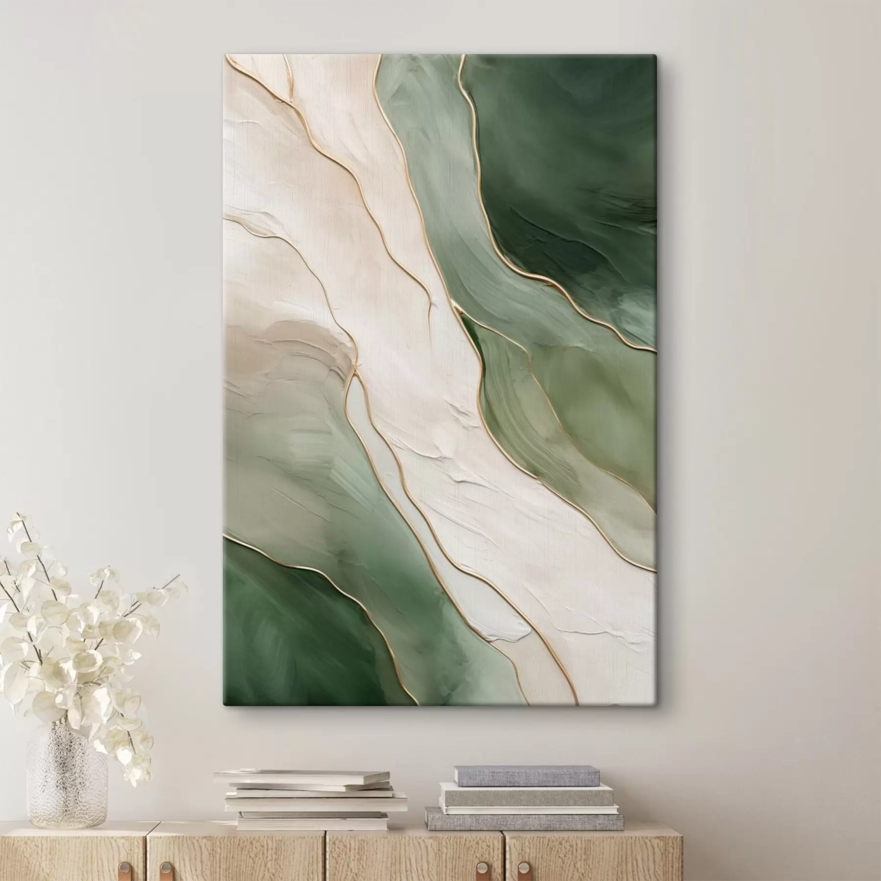 Tablouri Abstracție smarald cu linii fine galbene s45888