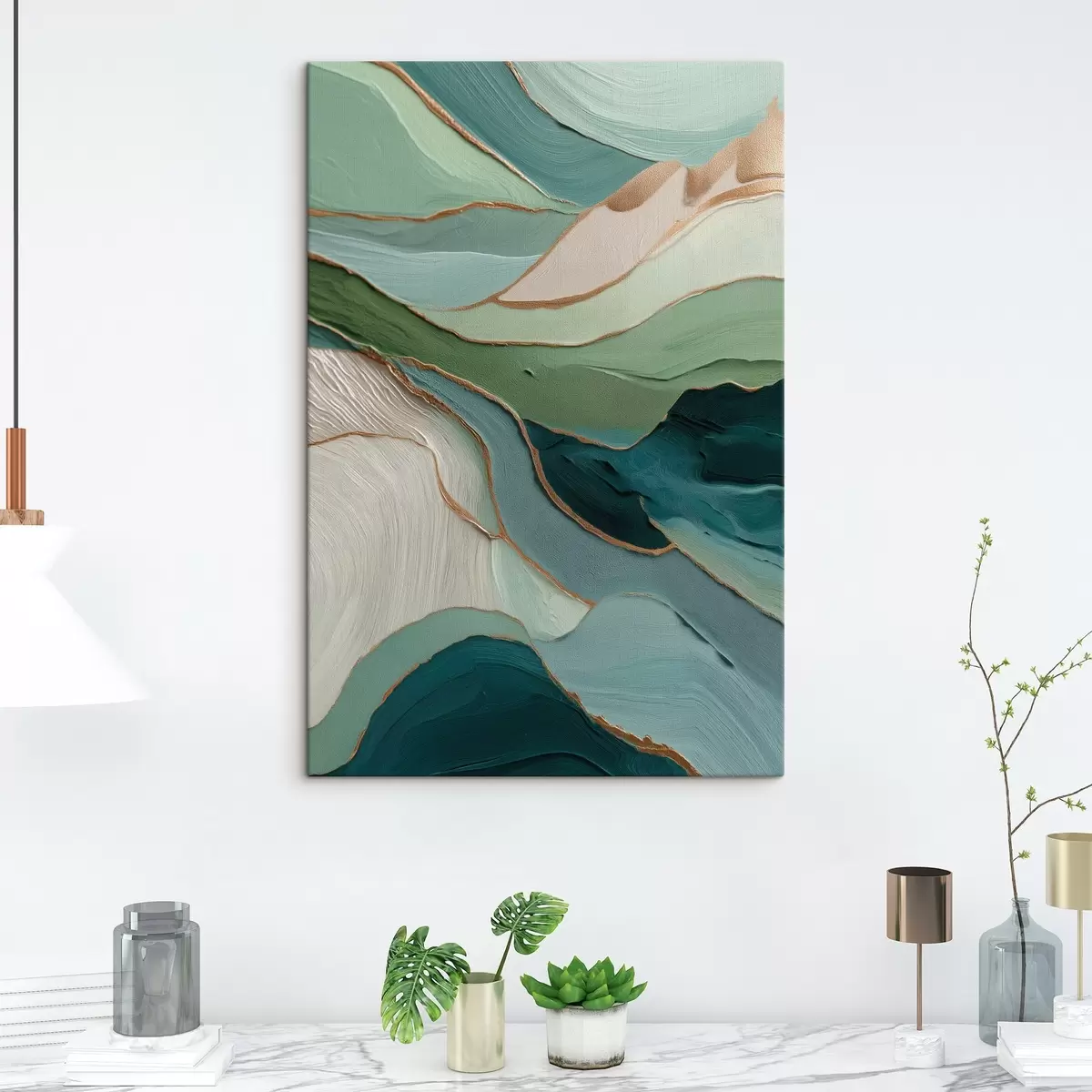 Tablouri Abstracție verde stratificată cu linii galbene și profunzime s45902