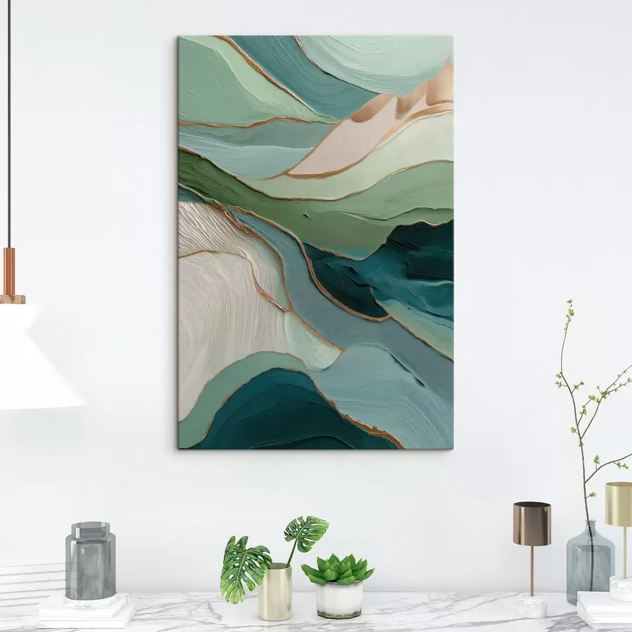 Tablouri Abstracție verde stratificată cu linii galbene și profunzime s45902