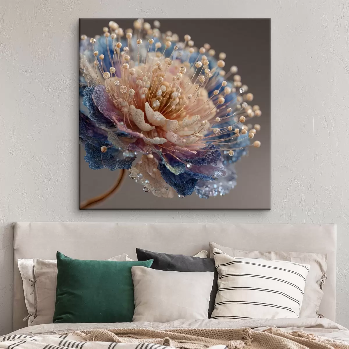 Tablouri Floare perlată cu picături de rouă, petale de culoare piersic și albastru s45911