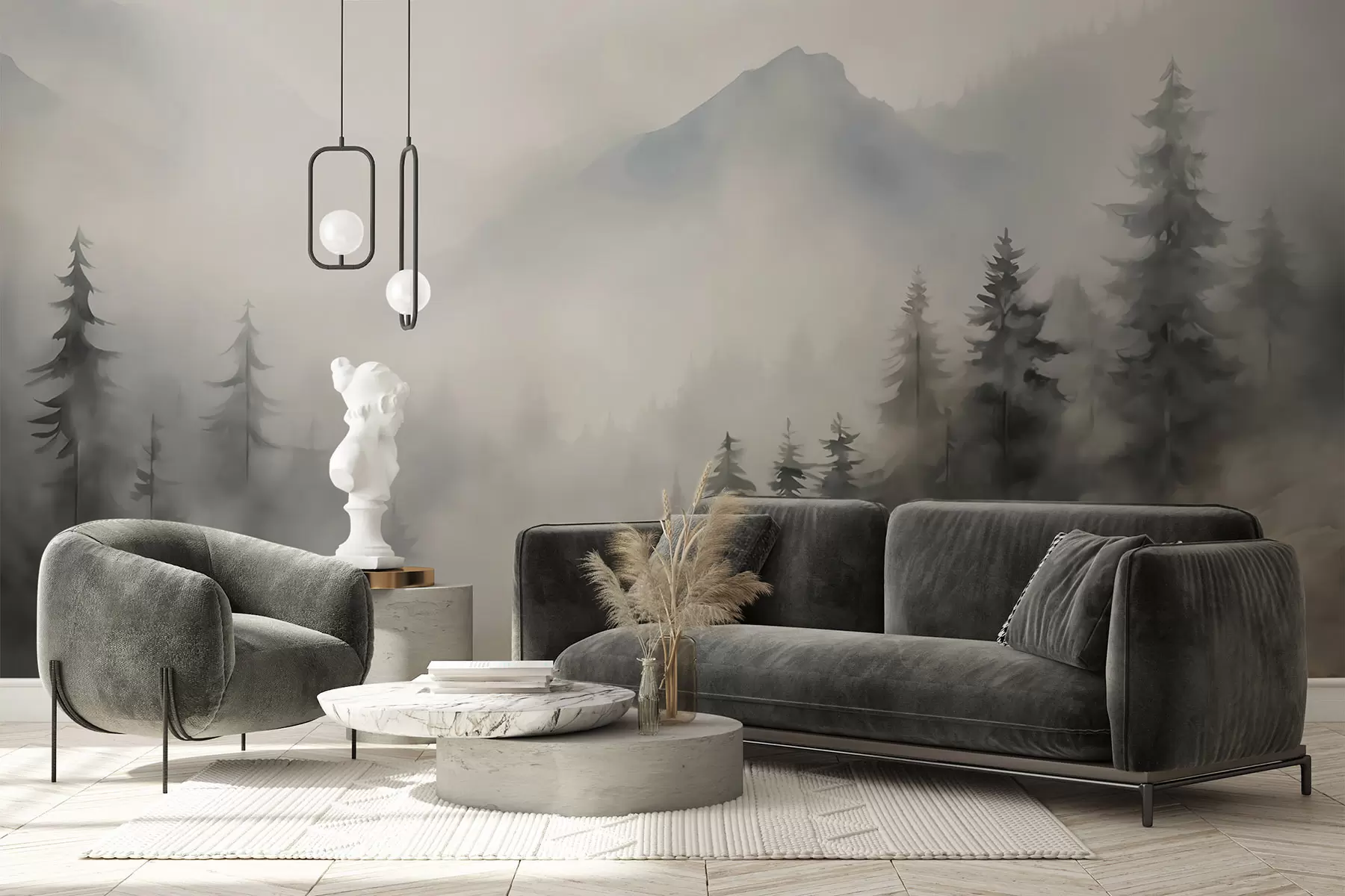 fototapet Pădure în ceață, pe fundalul munților w04493