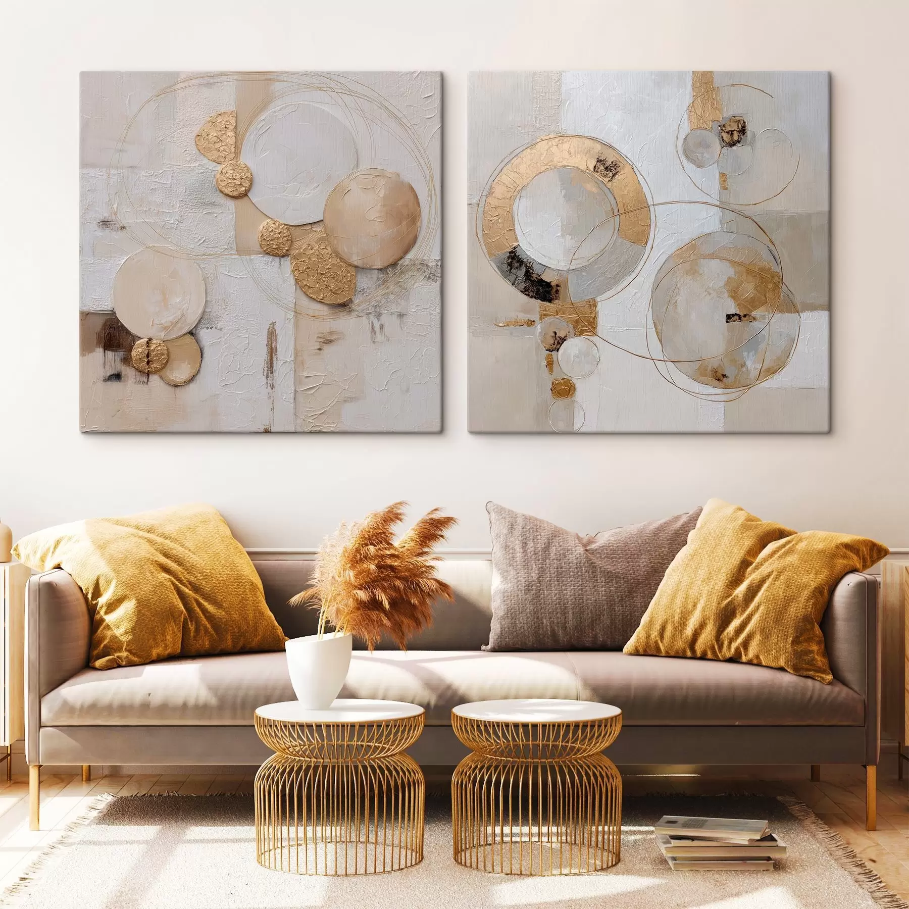 Tablouri Pictură texturată cu forme bej și albe m00741