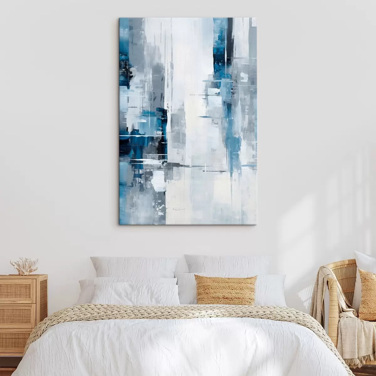 Tablouri Imitare de pictură abstractă cu culori albastru, gri și alb, linii verticale și forme geometrice s45926