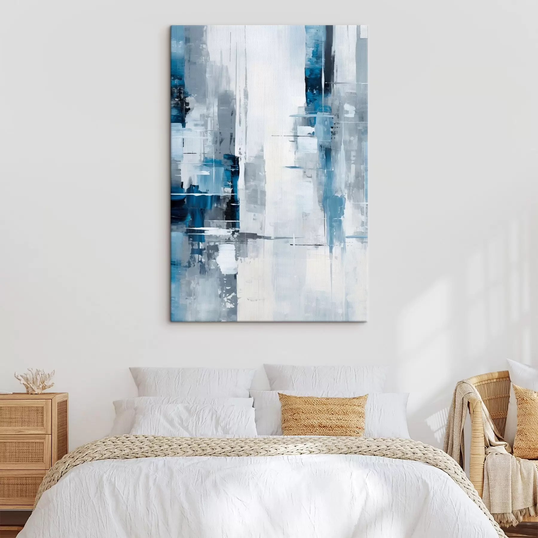 Tablouri Imitare de pictură abstractă cu culori albastru, gri și alb, linii verticale și forme geometrice s45926