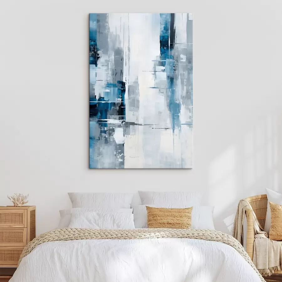 Tablouri Imitare de pictură abstractă cu culori albastru, gri și alb, linii verticale și forme geometrice s45926