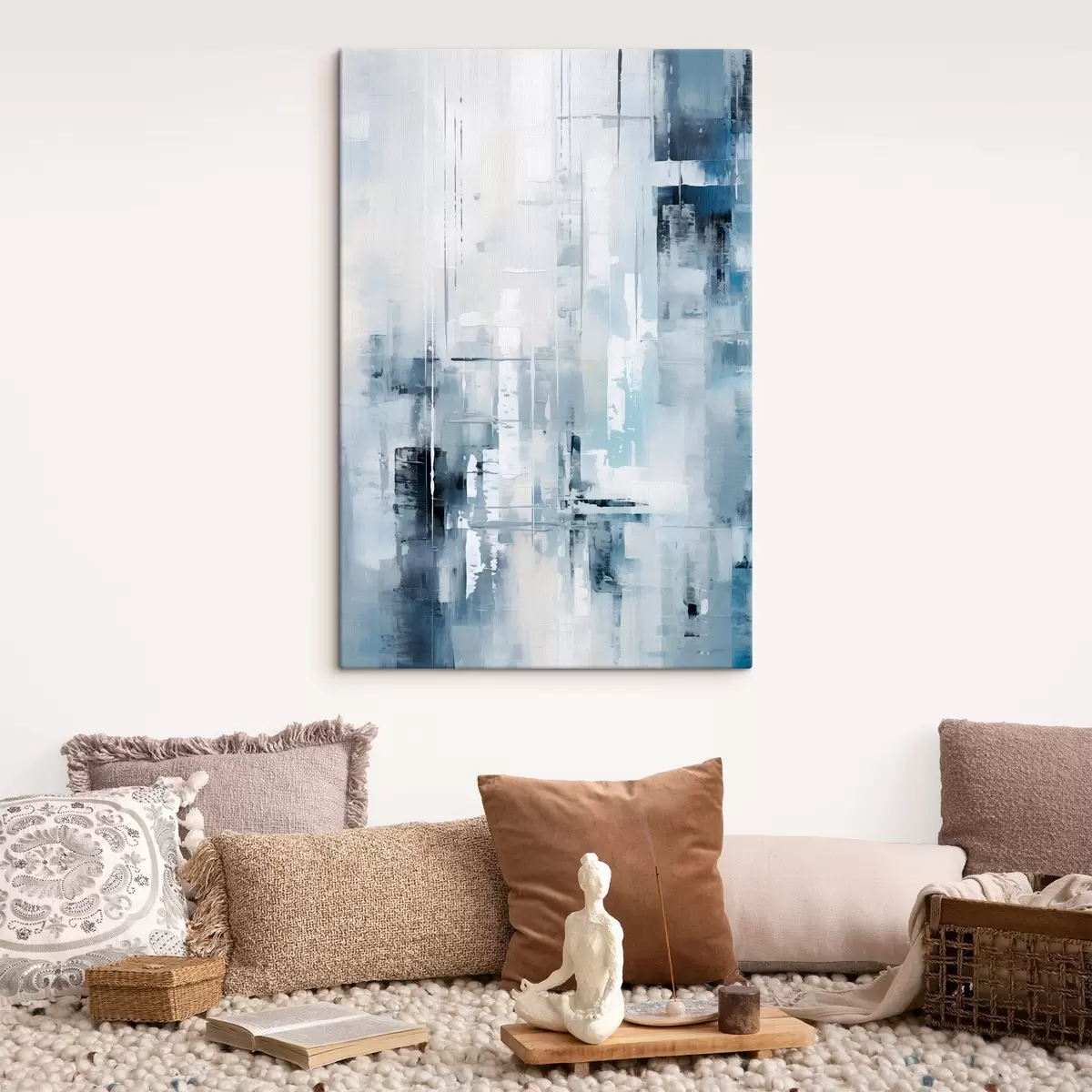 Tablouri Imitare de pictură abstractă cu culori albastru, gri și alb, linii verticale și forme geometrice s45927