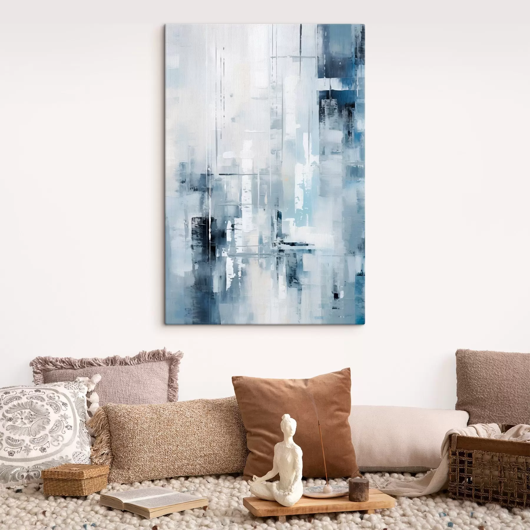 Tablouri Imitare de pictură abstractă cu culori albastru, gri și alb, linii verticale și forme geometrice s45927