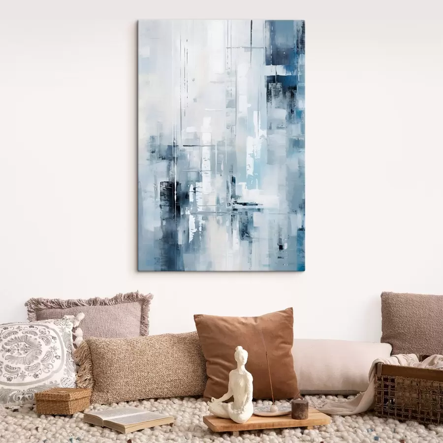 Tablouri Imitare de pictură abstractă cu culori albastru, gri și alb, linii verticale și forme geometrice s45927