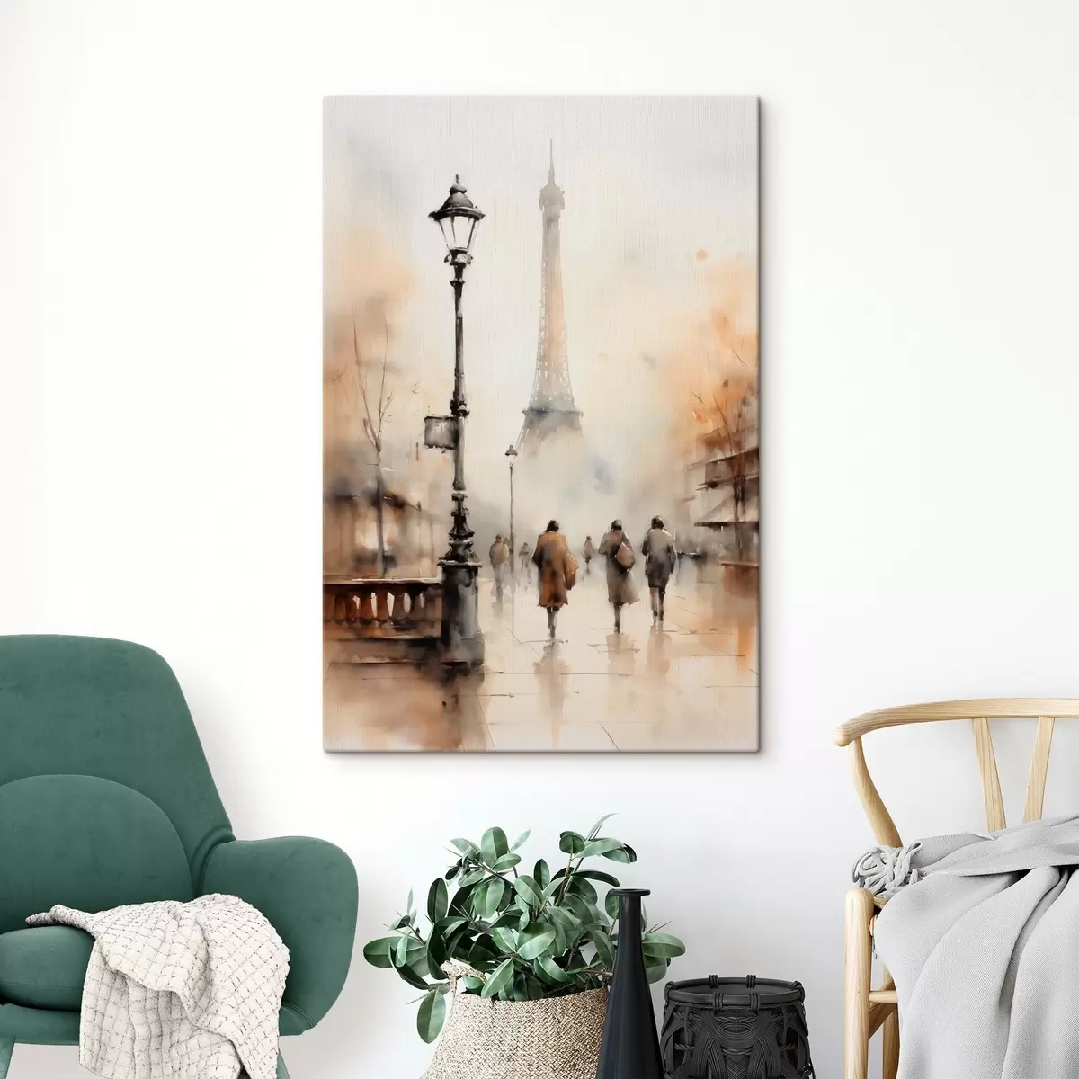 Tablouri O zi ploioasă de toamnă în Paris, cu Turnul Eiffel în fundal și felinare vintage s45931