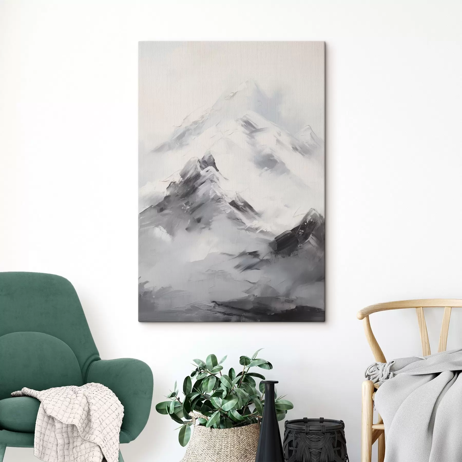 Tablouri Vârfuri de munte înzăpezite cu umbre cenușii, cer cenușiu, pensule, texturat, minimalist s45933