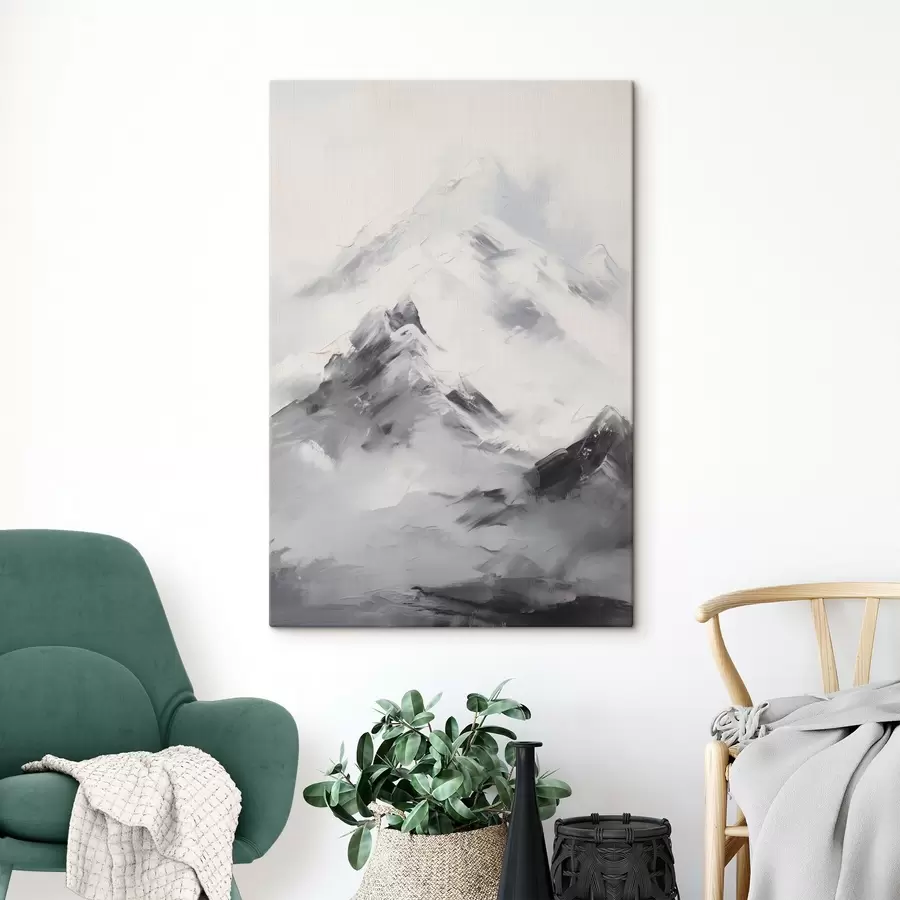 Tablouri Vârfuri de munte înzăpezite cu umbre cenușii, cer cenușiu, pensule, texturat, minimalist s45933