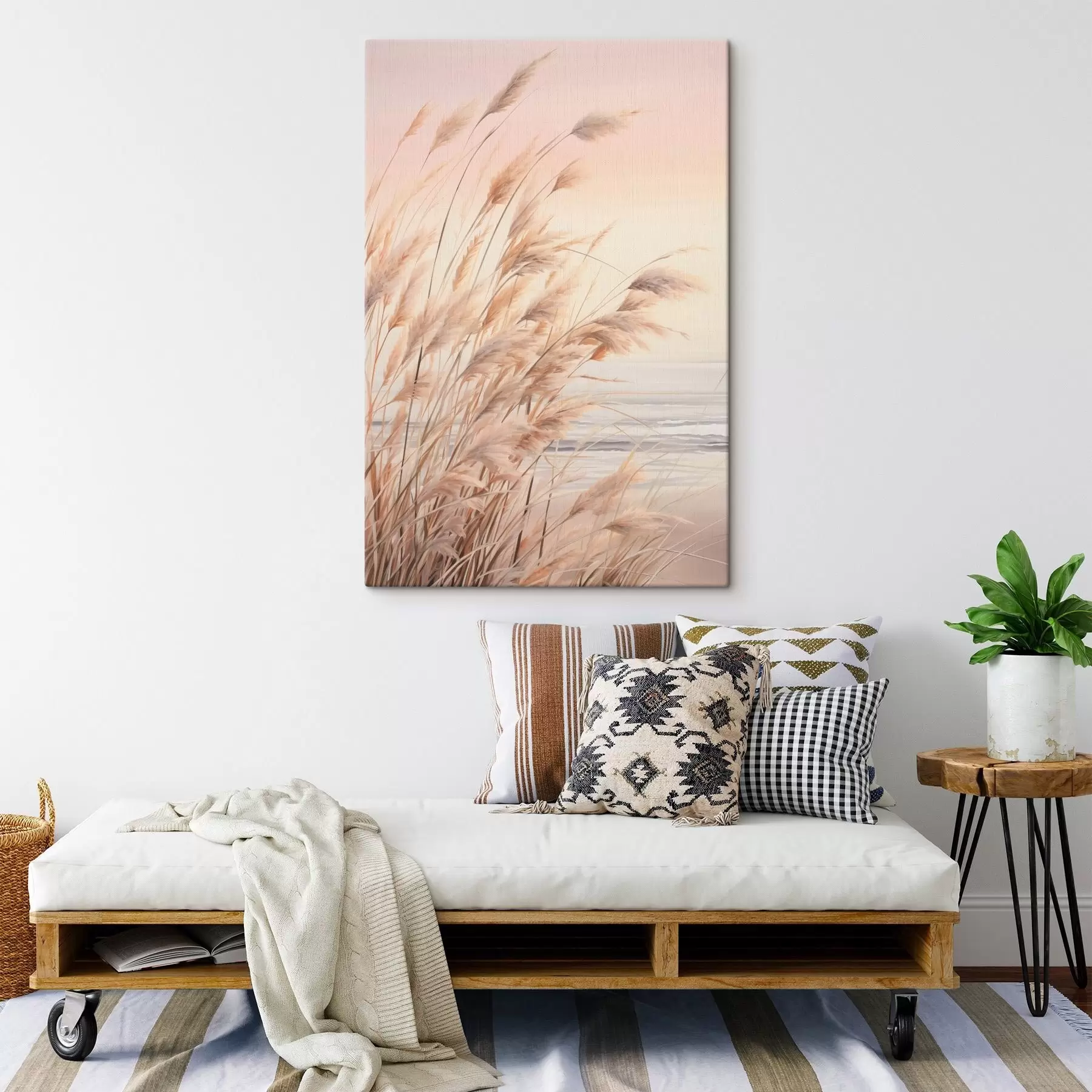 Tablouri Iarbă de pampas cu paletă de culori portocaliu pastel, cer roz deschis, un peisaj liniștit s45934