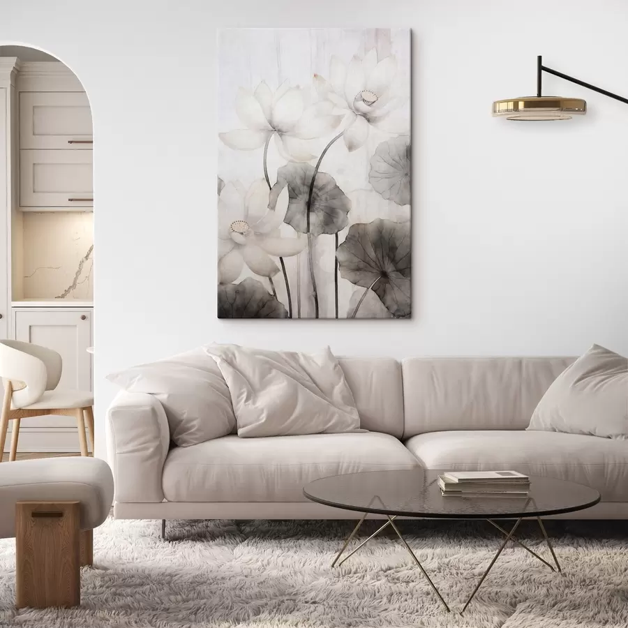 Tablouri Flori de lotus albe texturate cu frunze întunecate, fundal deschis, design minimalist s45937