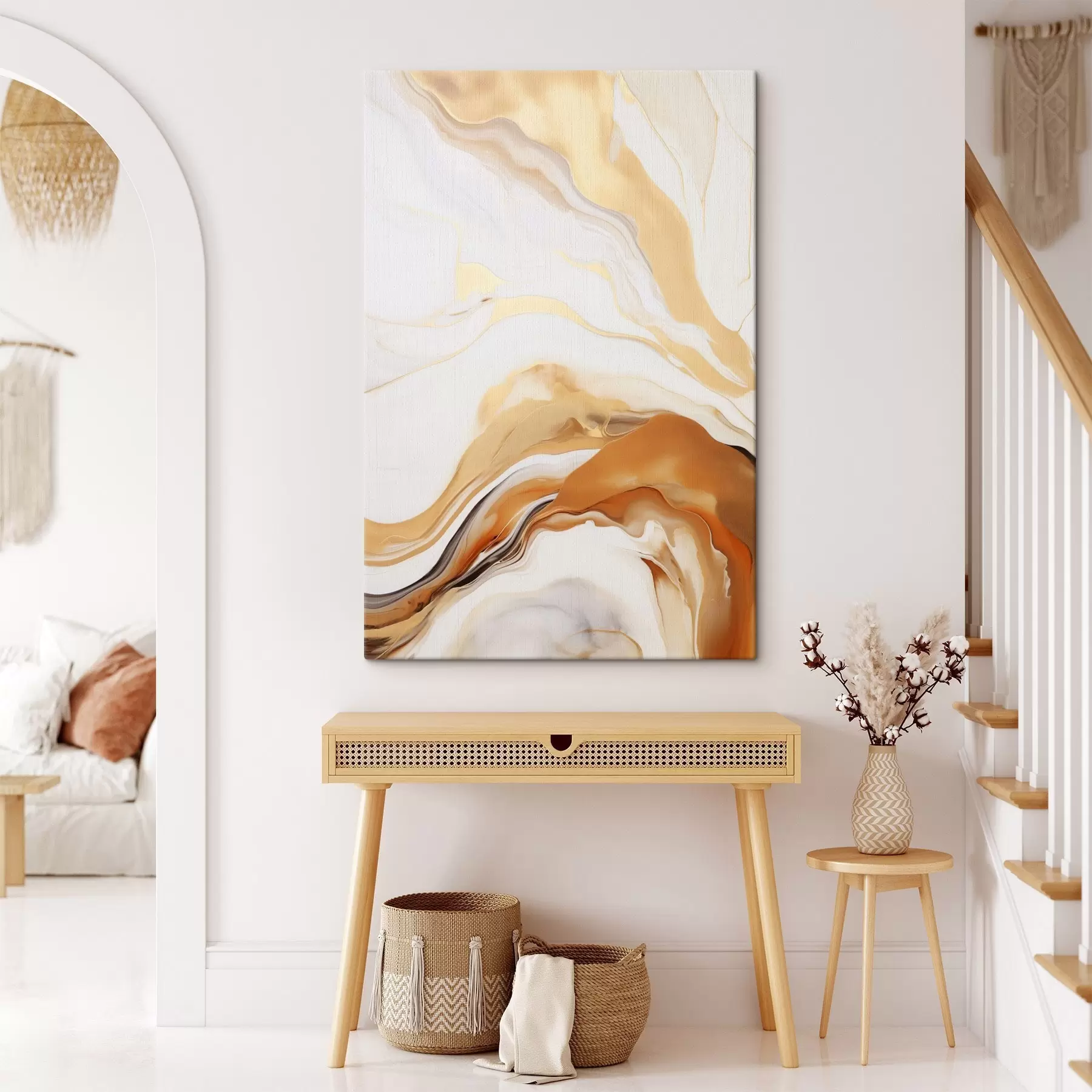 Tablouri Imitare de pictură abstractă cu forme fluide în nuanțe de alb, portocaliu și maro, minimalistă s45938