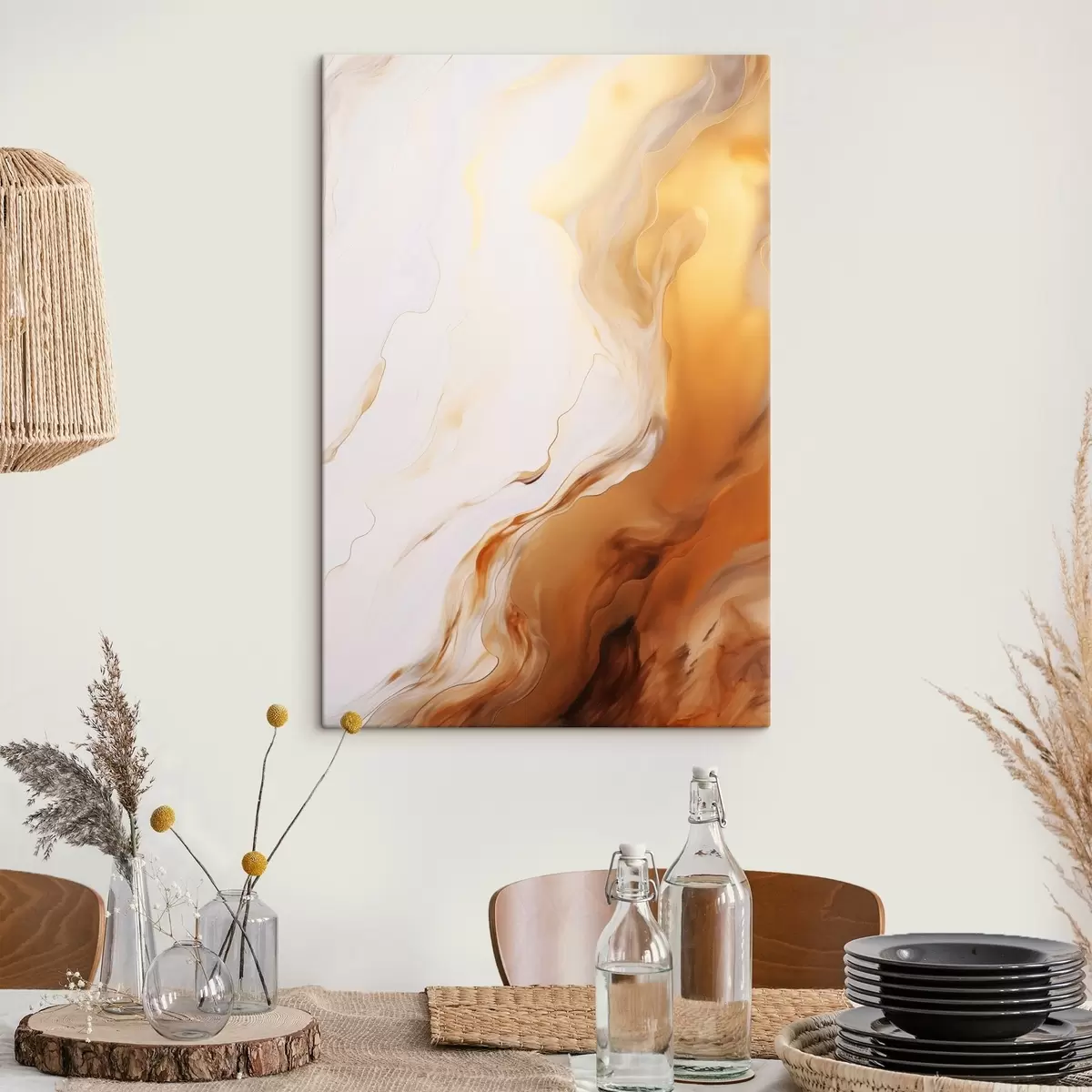 Tablouri Imitare de pictură abstractă cu culori albe și portocalii, artă fluidă cu linii ondulate, artă modernă s45939