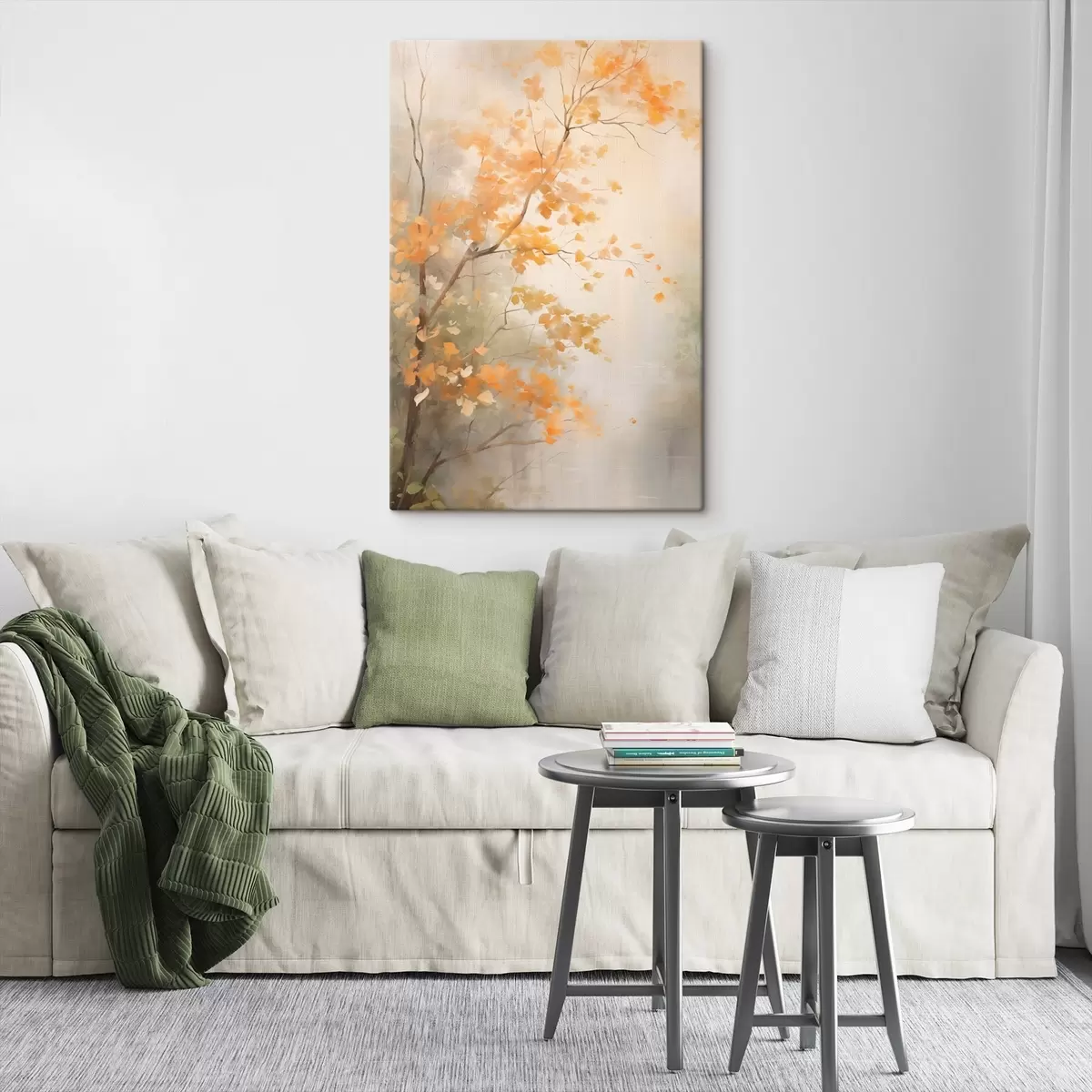 Tablouri Ramuri de copaci de toamnă cu frunze portocalii într-o pădure cu lumină difuză s45940