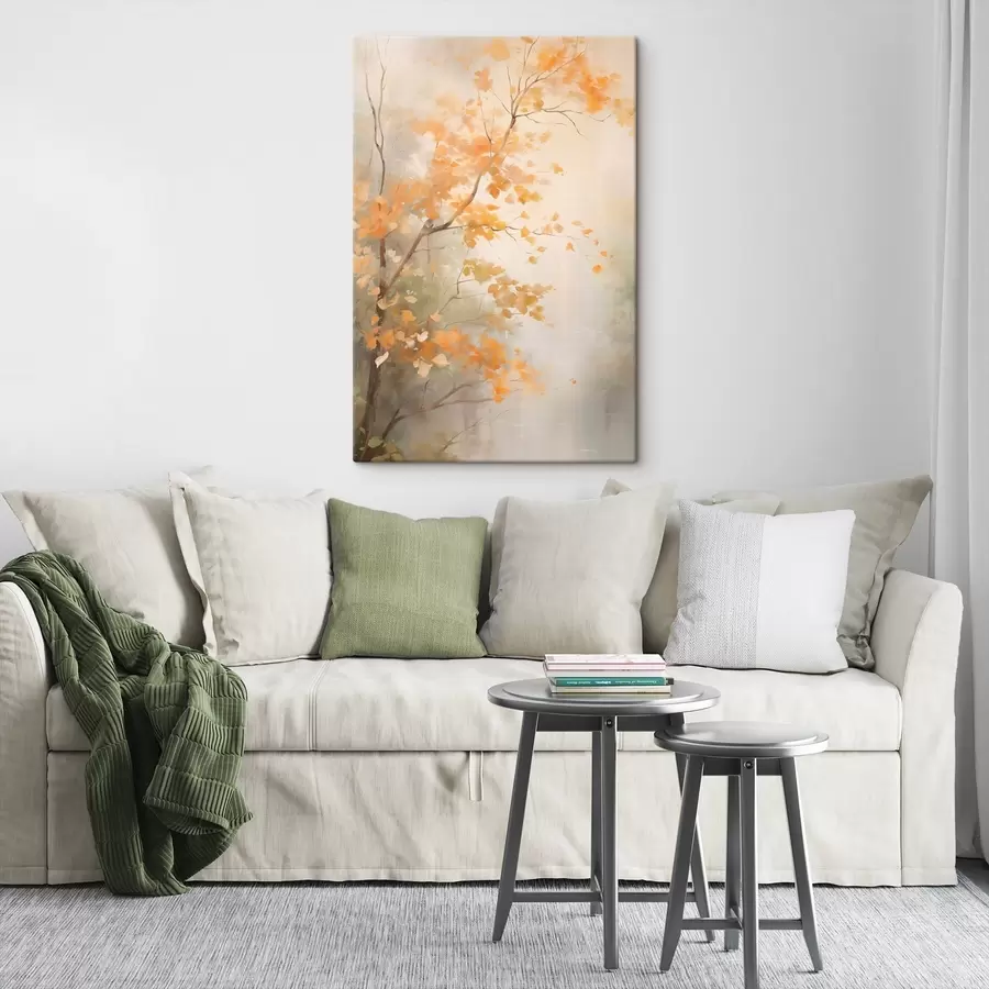 Tablouri Ramuri de copaci de toamnă cu frunze portocalii într-o pădure cu lumină difuză s45940