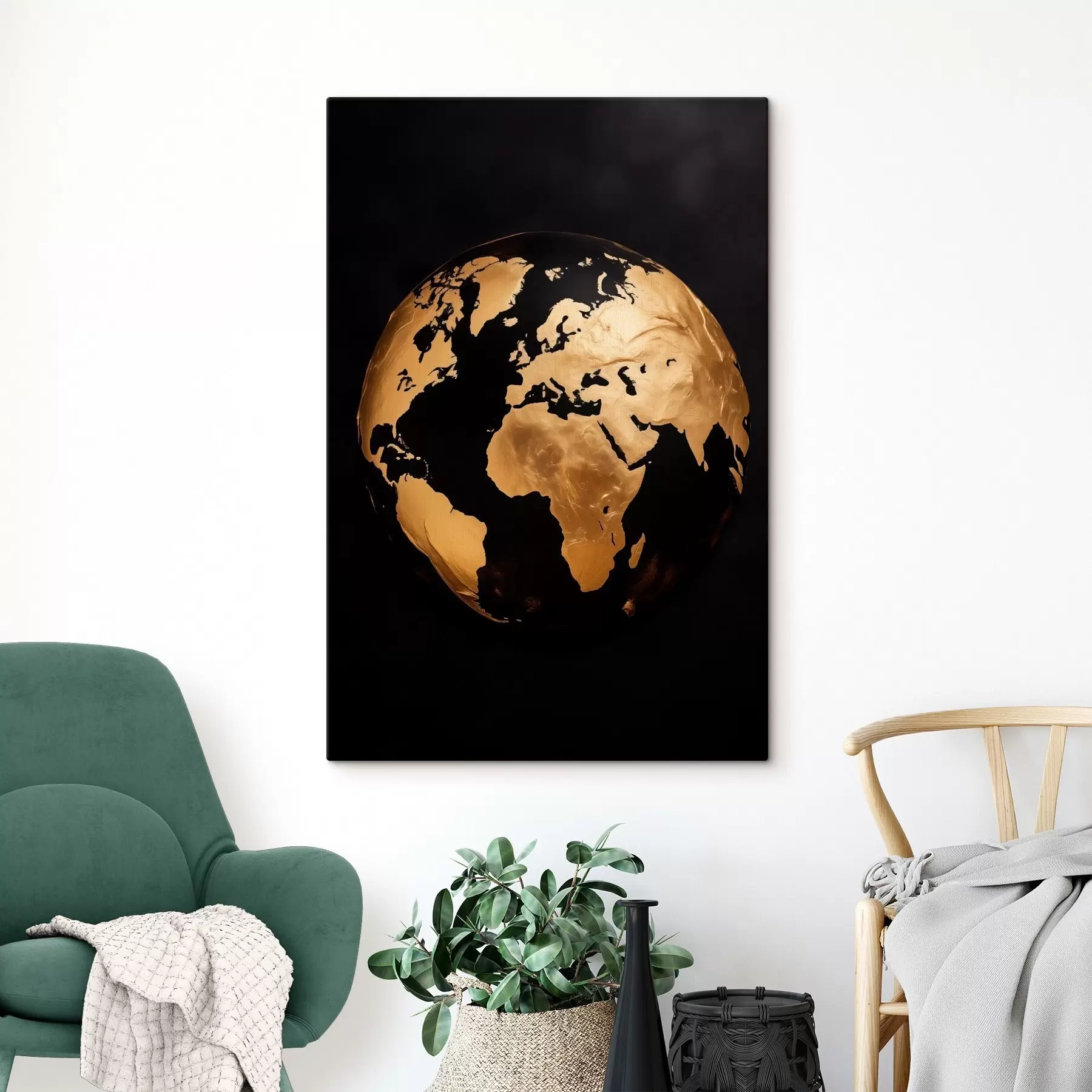 Tablouri Glob pământesc abstract texturat galben, planetă pe fundal negru, artă minimalistă modernă s45942