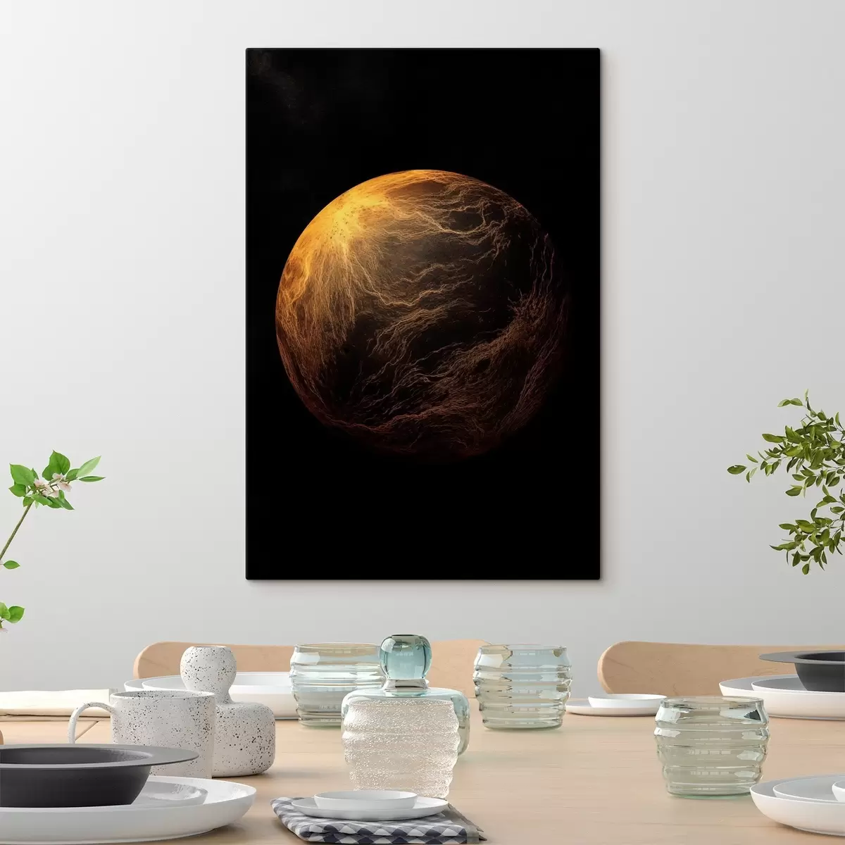 Tablouri Planetă abstractă cu vene portocalii pe un fundal negru, artă modernă minimalistă s45943