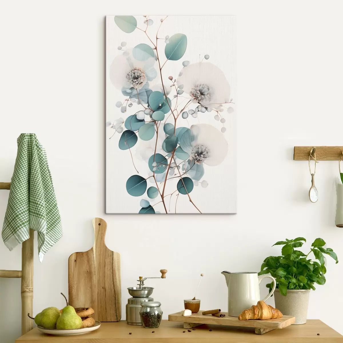 Tablouri Flori abstracte de eucalipt cu petale albe, frunze verzi discrete pe ramuri s45946