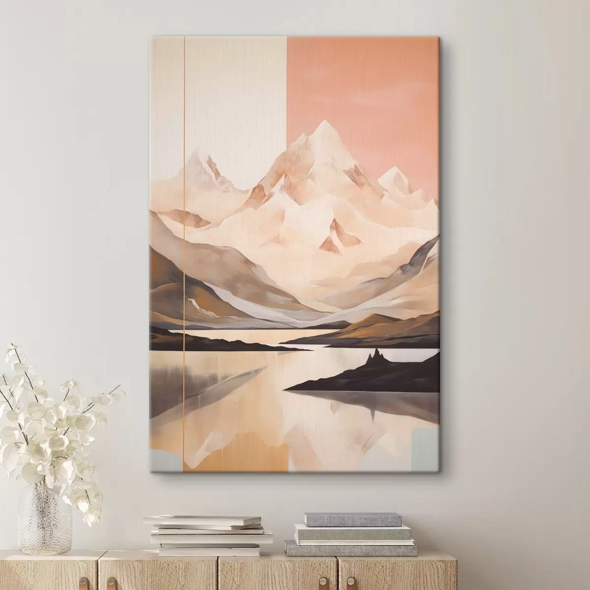 Tablouri Peisaj abstract cu munți și un lac, culori pastelate, stil minimalist s45949