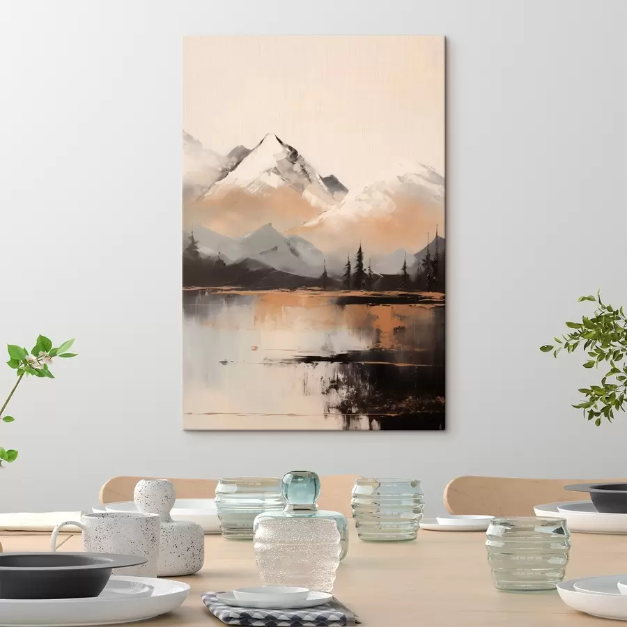 Tablouri Munți înzăpeziți, cu textură, cu câțiva copaci în fața unui lac s45951