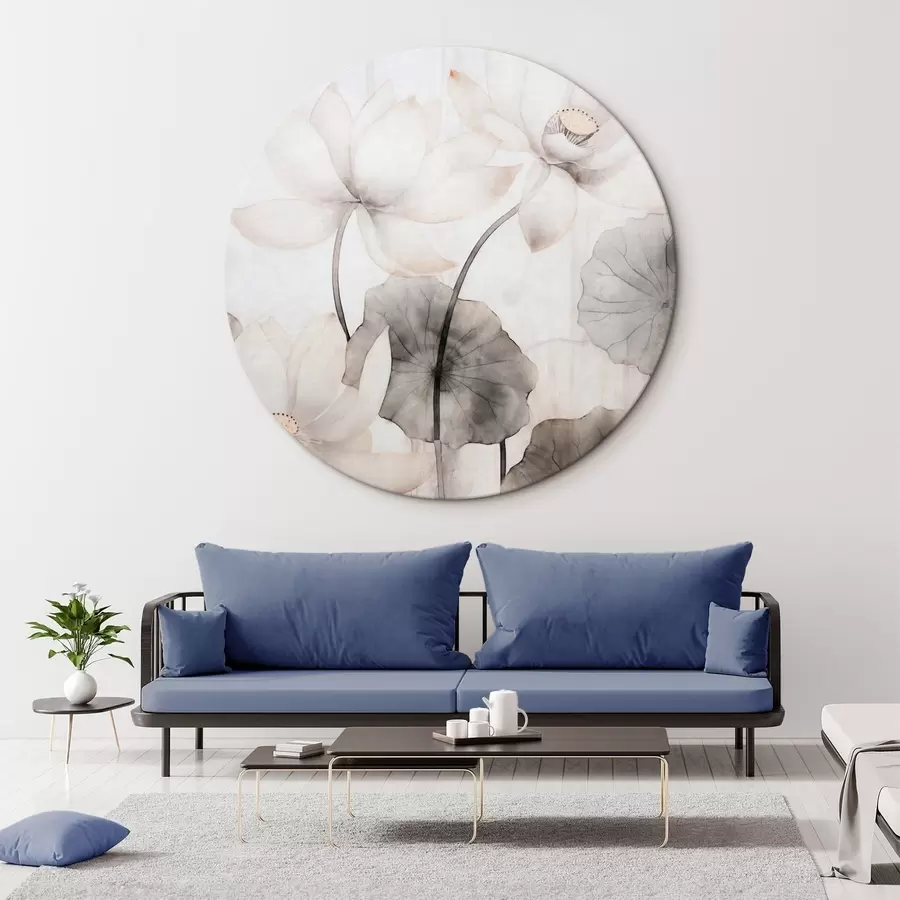 Tablouri Flori de lotus albe texturate cu frunze întunecate, fundal deschis, design minimalist r45937