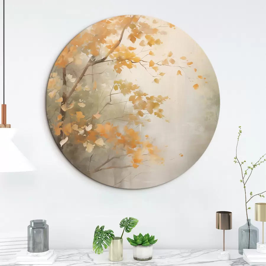 Tablouri Ramuri de copaci de toamnă cu frunze portocalii într-o pădure cu lumină difuză r45940