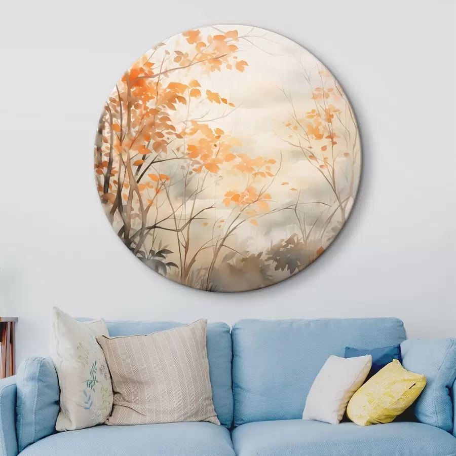 Tablouri Copaci de toamnă cu frunze și ramuri portocalii, stil acuarelă delicată, tușe delicate r45941