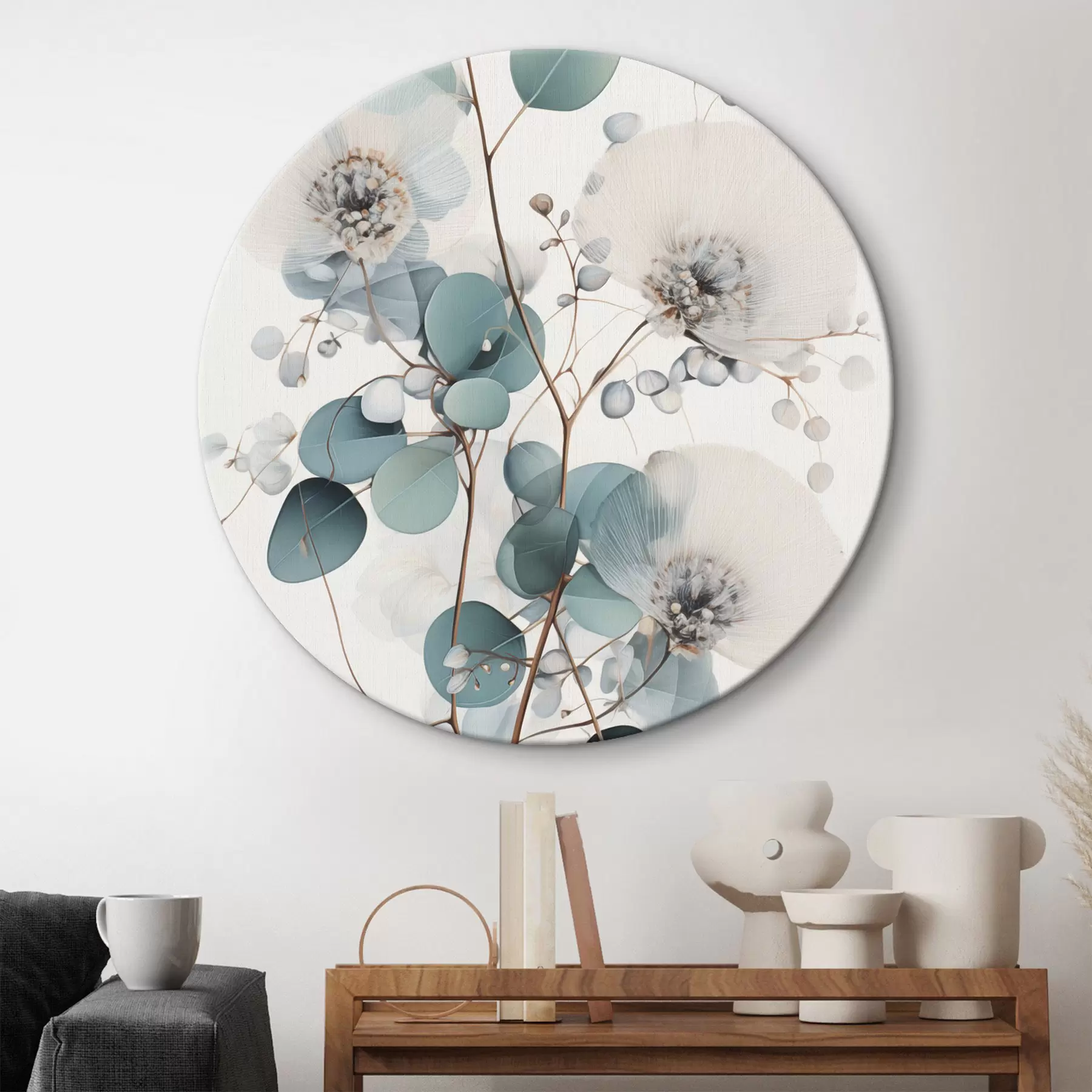 Tablouri Flori abstracte de eucalipt cu petale albe, frunze verzi discrete pe ramuri r45946